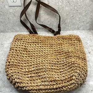 Handwoven Straw Tote with Brown Leather Straps - Natural